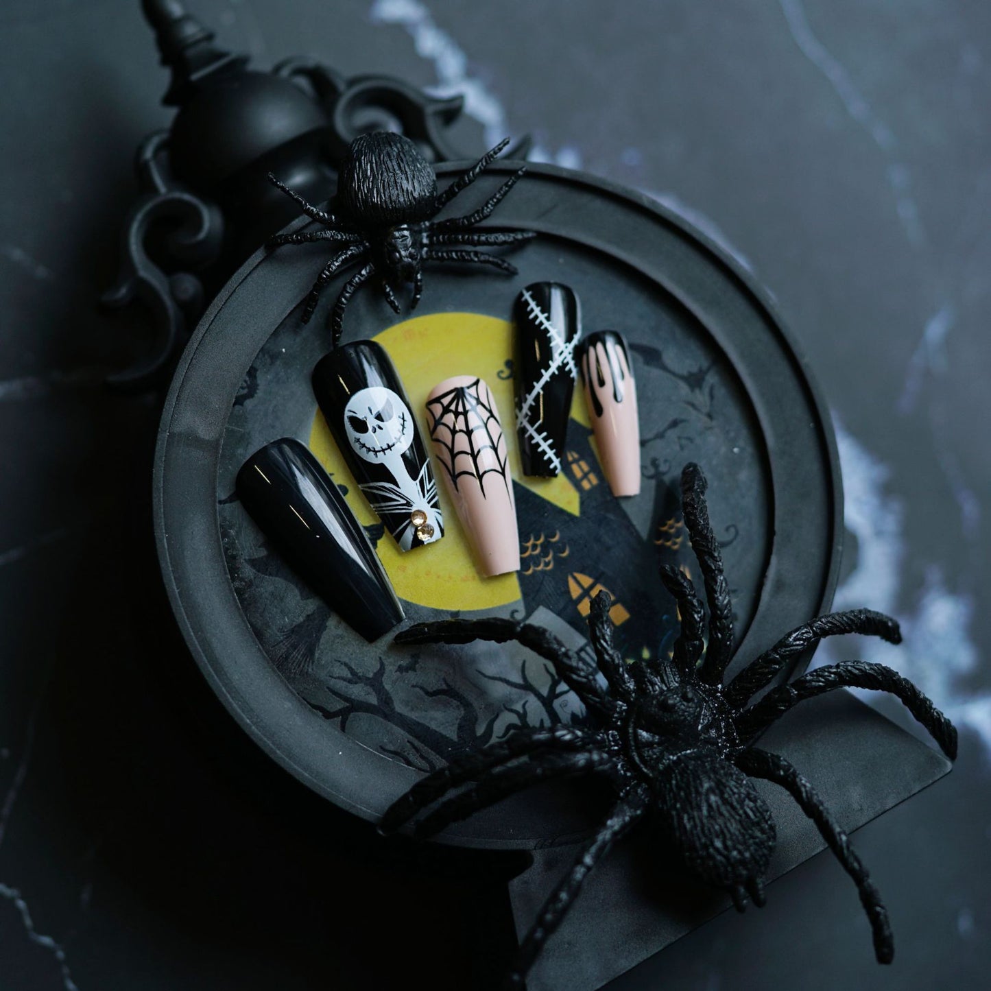 Spooky Halloween Glam Long Coffin Black And Pink Press On Nail Set With Unique Spider And Ghost Designs