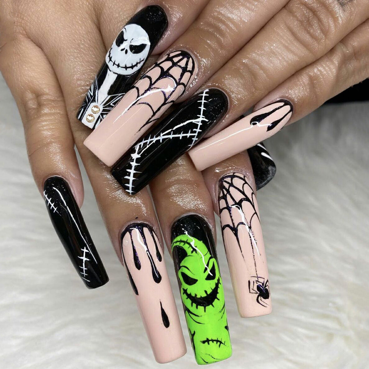 Spooky Halloween Long Square Press On Nail Set In Black Pink And Green With Creepy Art Design