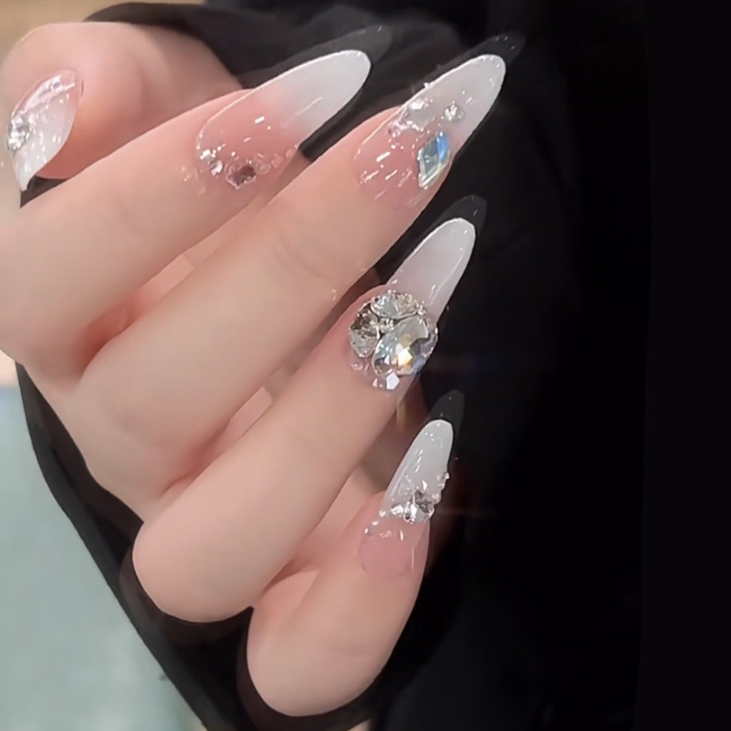 Glamorous Enchantment Long Almond Shape White and Clear Press On Nail Set with Stunning Crystal Accents