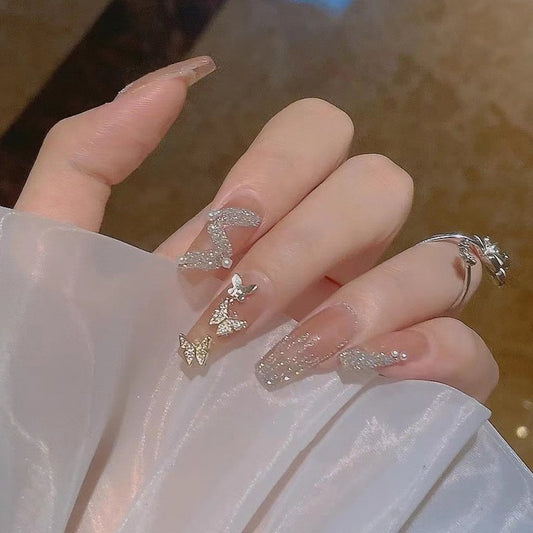 Elegant Affair Extra Long Coffin Silver Glitter Butterfly Accent Press On Nail Set