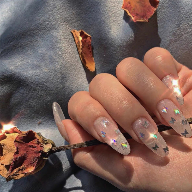 Autumn Elegance Long Oval Transparent Glitter Butterfly Press on Nail Set
