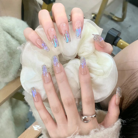 Celestial Dreams Long Coffin Light Pink Press On Nail Set with Iridescent Glitter Finish