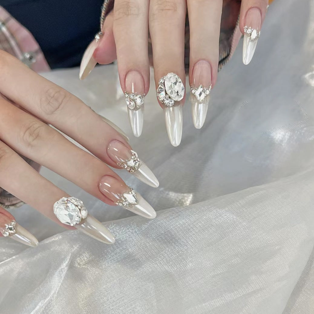 Elegant Bridal Glamour Extra Long Almond Ombre White Press On Nail Set with Rhinestone Accents