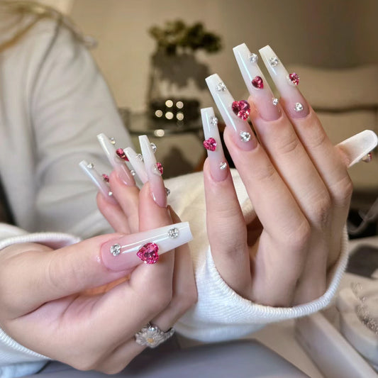 Glamorous Heartfelt Fantasy Extra Long Coffin Press On Nail Set with White Tips and Pink Jewels