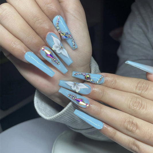 Elegant Affair Long Coffin Sky Blue Press On Nail Set with Rhinestone Embellishments and 3D Bows