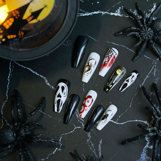 Spooky Elegance Long Coffin Black And White Press On Nail Set With Halloween Art Design
