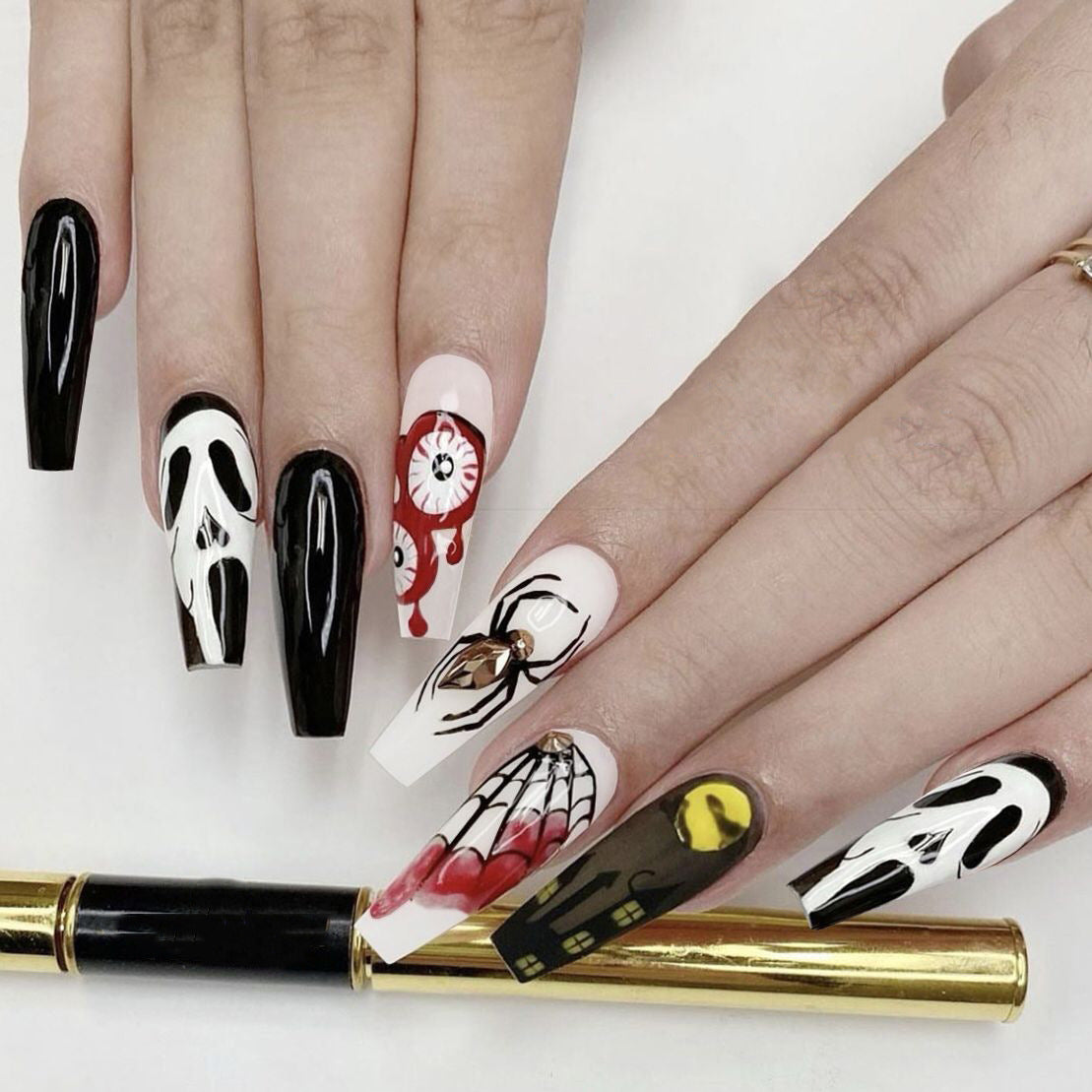 Spooky Elegance Extra Long Coffin Multicolor Press On Nails With Halloween Art Accents