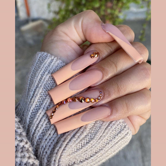 Elegant Autumn Bliss Long Coffin Peach Press On Nail Set with Rhinestone Accents