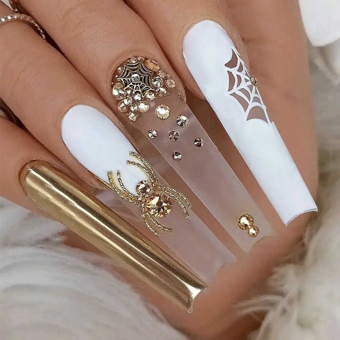 Enchanting Elegance Extra-Long Coffin White and Gold Press On Nail Set with Rhinestone Spider Accents