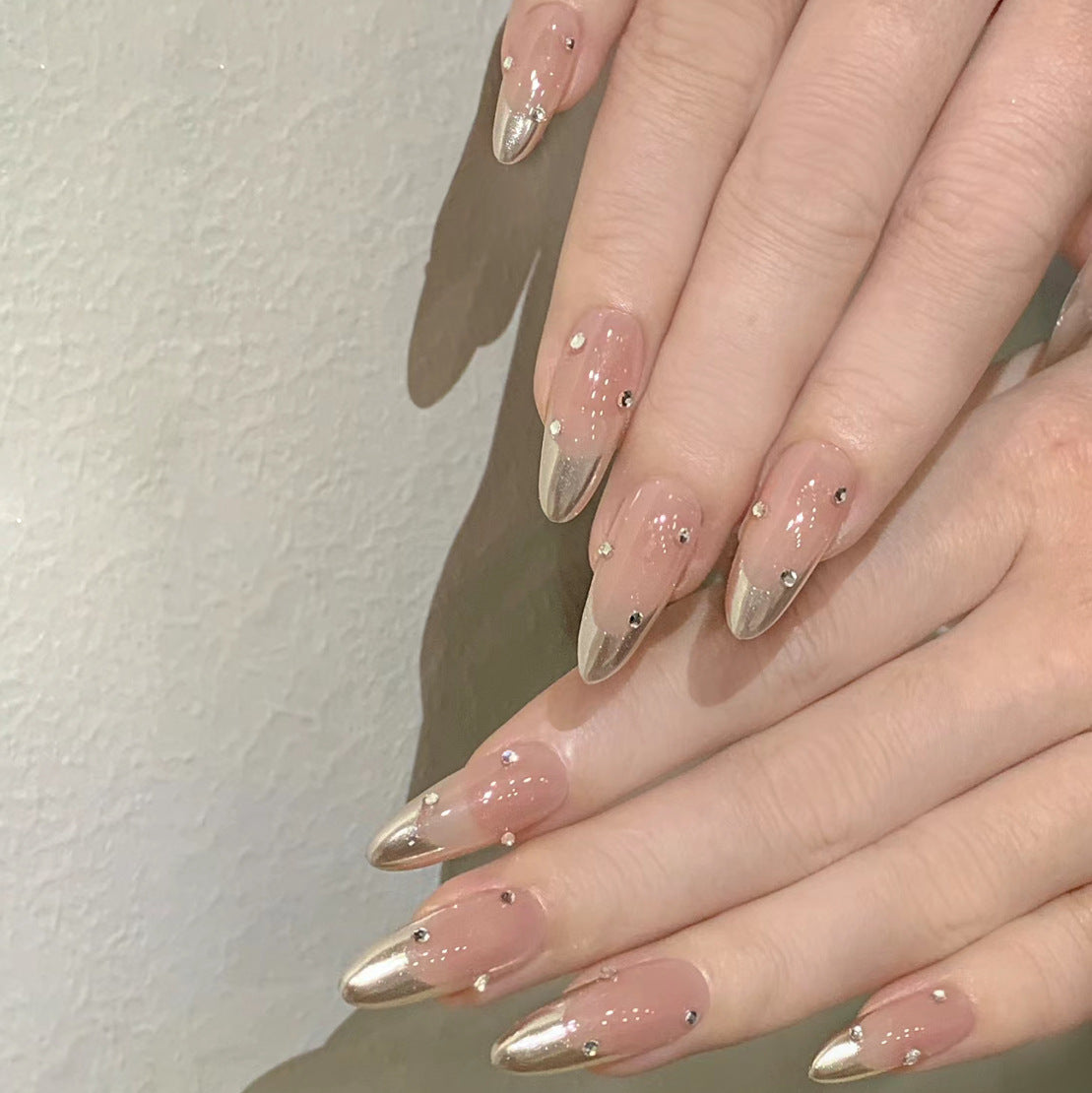Glamorous Evening Chic Long Almond Blush Pink and Metallic Gold Press On Nail Set with Sparkling Accents