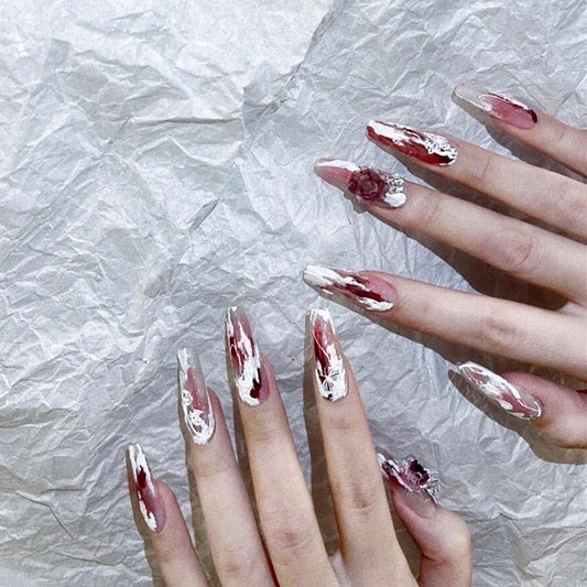 Gothic Glamour Extra Long Stiletto Burgundy and White Marbled Press On Nail Set with 3D Rose Accents