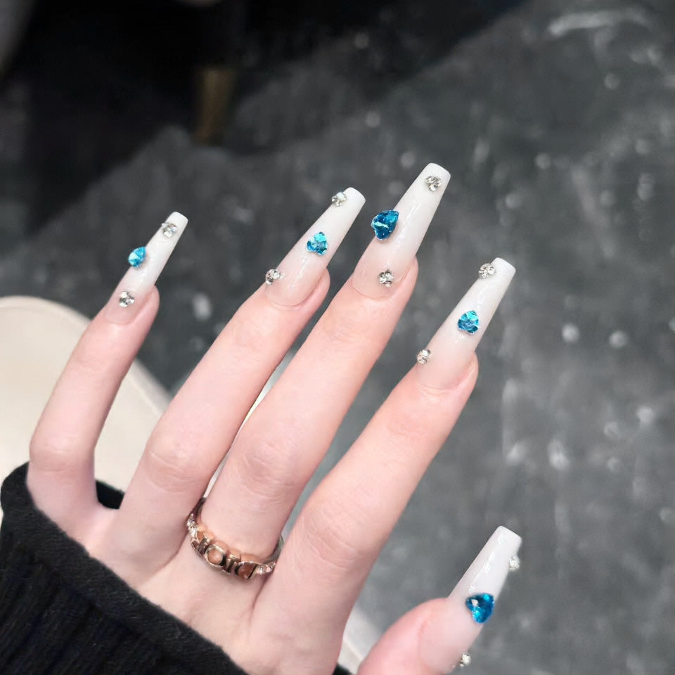 Ocean Breeze Long Coffin False Nails in White with Blue Gems and Rhinestones