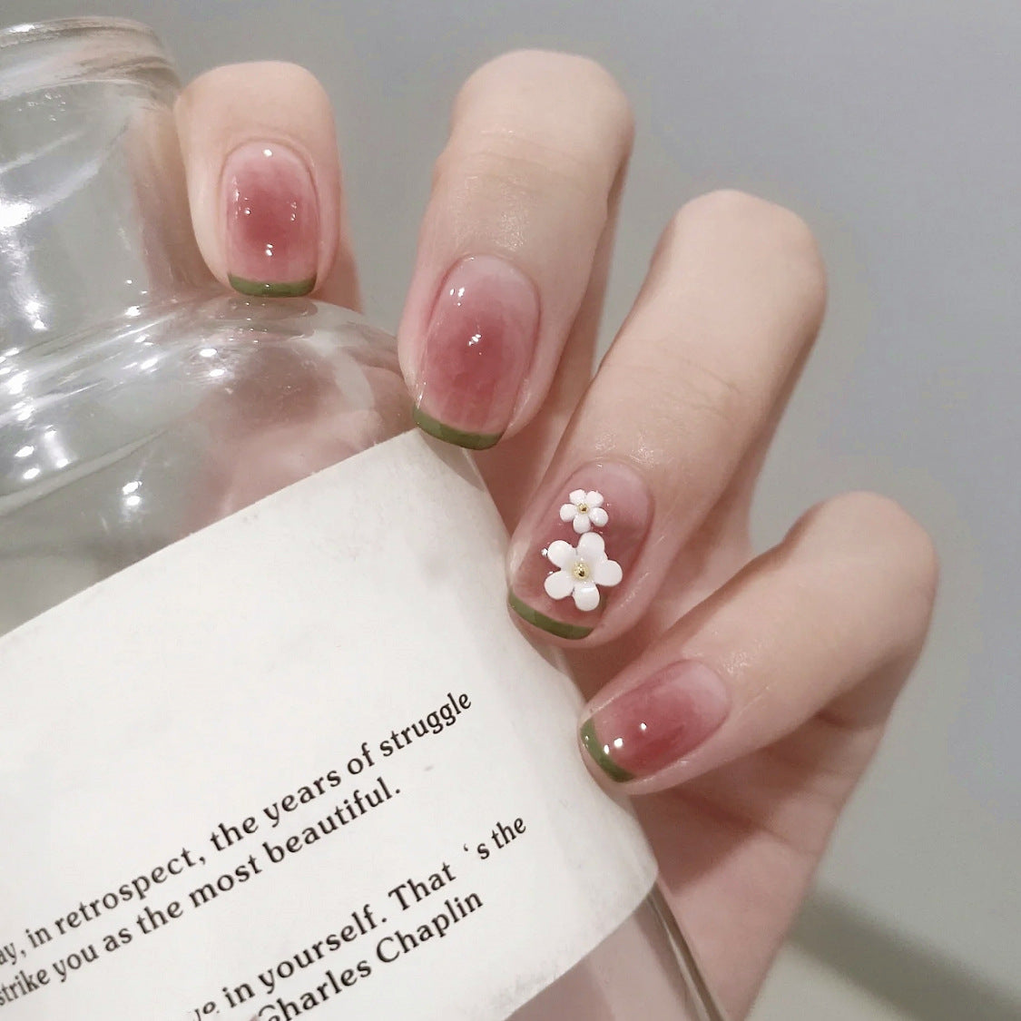 Spring Blossom Short Squoval Green French Tip Press On Nails with Floral Accent