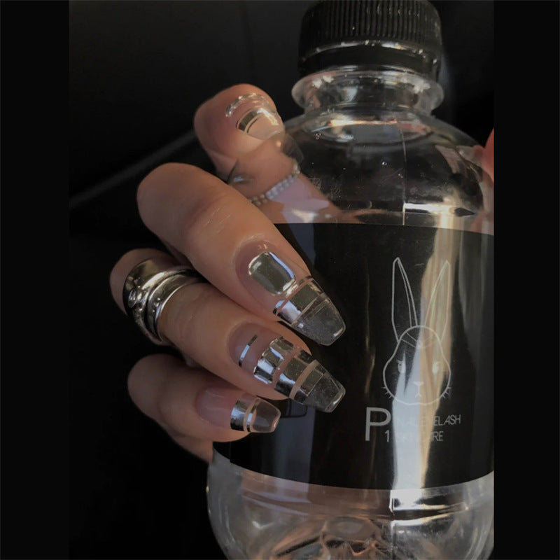 Futuristic Elegance Long Coffin Silver Mirror Finish Press On Nail Set with Metallic Stripes