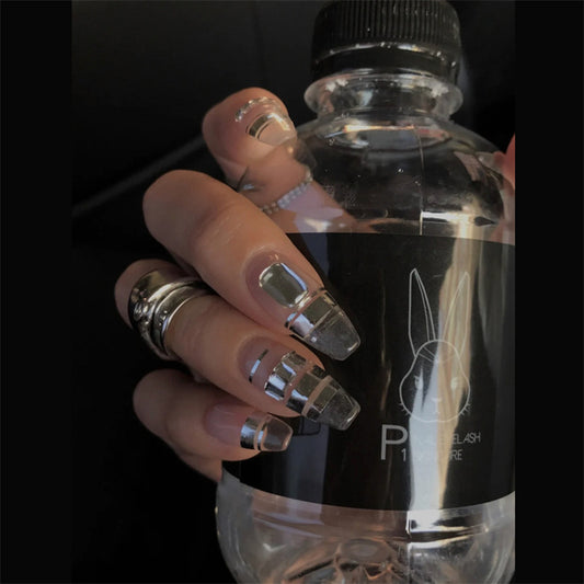 Futuristic Elegance Long Coffin Silver Mirror Finish Press On Nail Set with Metallic Stripes