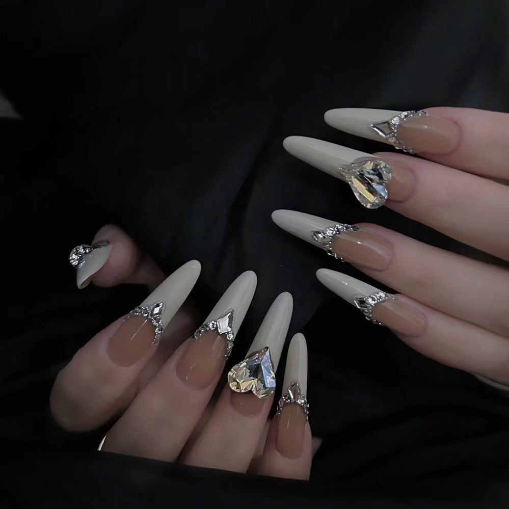 Glamorous Gala Extra Long Oval Beige Press On Nails with Sparkling Rhinestone Accents