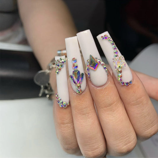 Enchanted Elegance Extra Long Square White Press On Nail Set with Rhinestone Accents