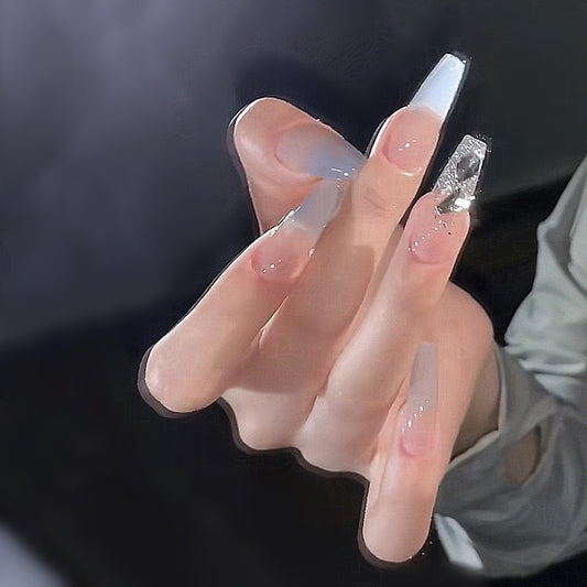 Elegant Evening Medium Coffin Ombre Nails with Glitter Accent and Rhinestone Embellishments