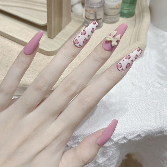 Elegant Affair Long Coffin Baby Pink Press on Nails with Playful Leopard Spots Design