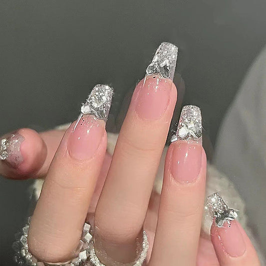 Enchanted Elegance Long Coffin Pink Glitter Bow Accent Press On Nail Set