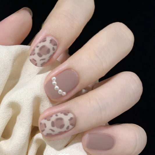 Safari Elegance Short Squoval Taupe Leopard Print Press On Nails with Pearl Accent