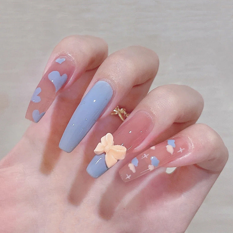 Enchanted Garden Long Coffin Pastel Blue Press On Nail Set with 3D Flower Charm and Heart Accents