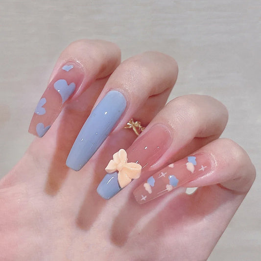 Enchanted Garden Long Coffin Pastel Blue Press On Nail Set with 3D Flower Charm and Heart Accents