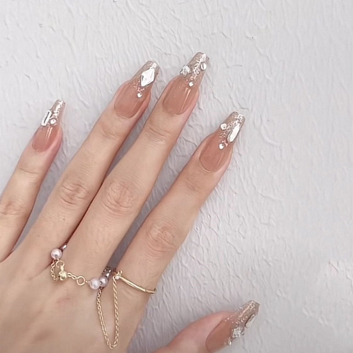 Elegant Sparkle Long Coffin Beige Press On Nail Set with Rhinestone Accents 2