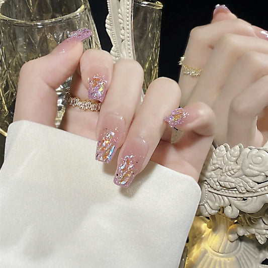 Enchanting Evening Extra Long Coffin Pink Glitter Infused Press On Nail Set