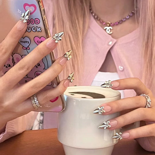 Glamorous Fairy Tale Long Almond Shaped Pink with Dazzling Silver Bow Accents Press On Nail Set