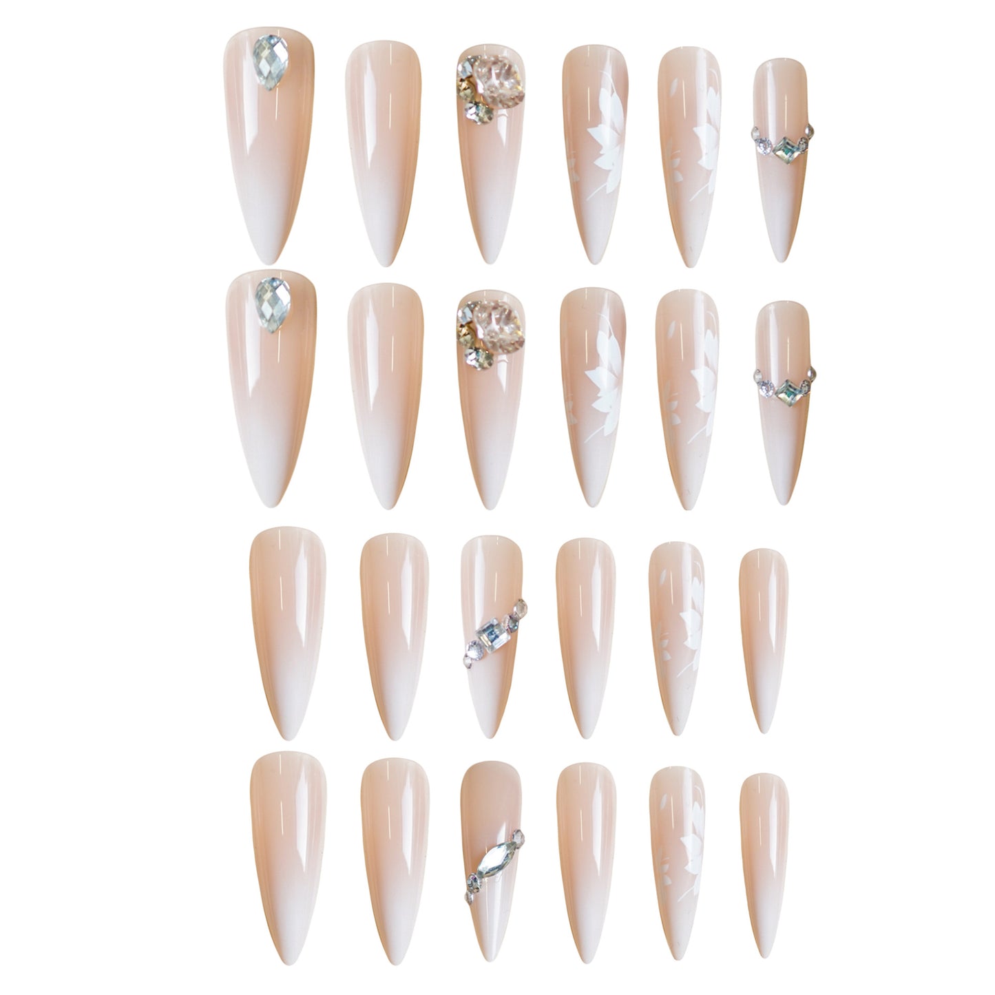 Enchanted Elegance Long Stiletto Beige Gradient Press On Nail Set with Floral Designs and Sparkling Embellishments