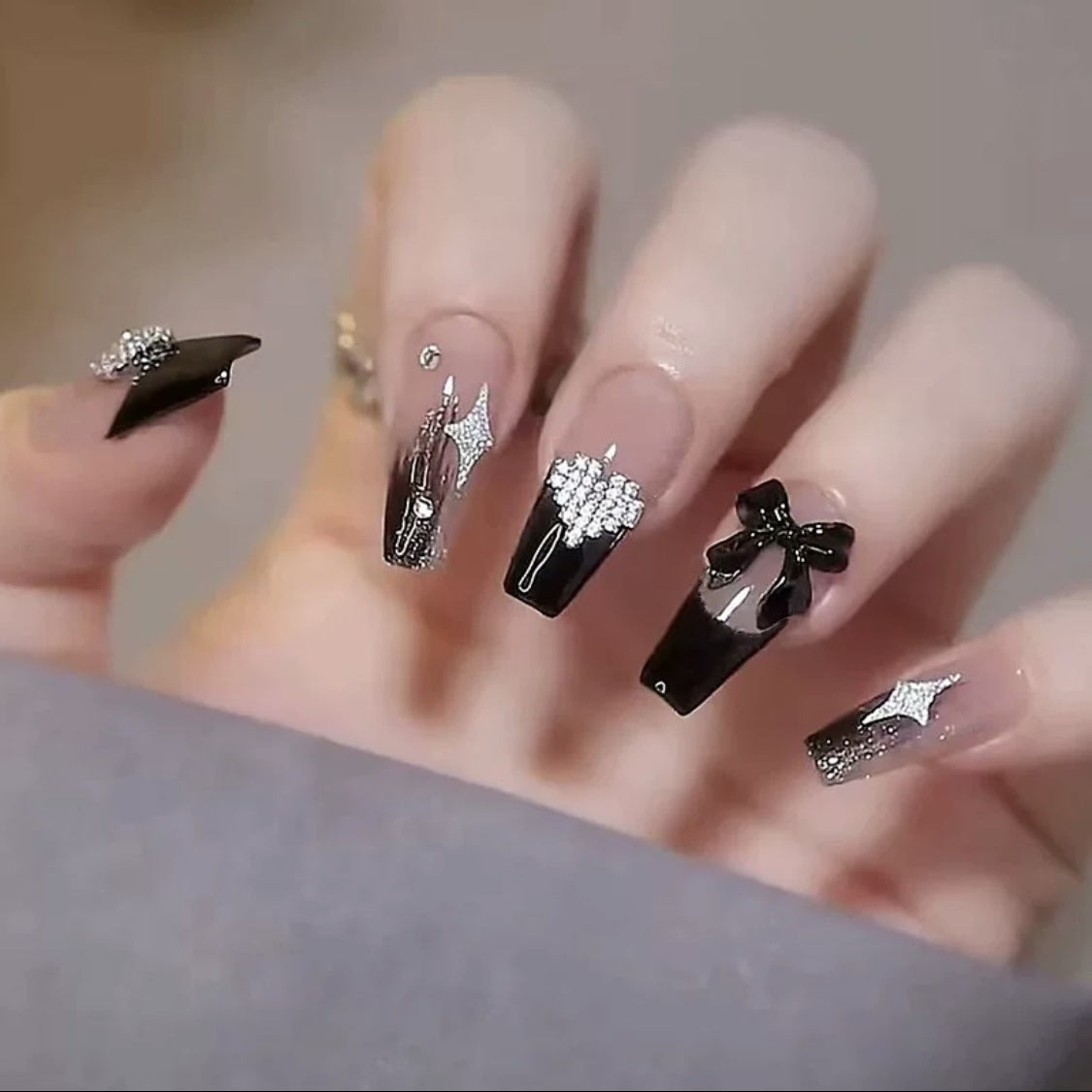 Enchanted Evening Long Coffin Black Press-On Nail Set with Silver Gemstone Embellishments