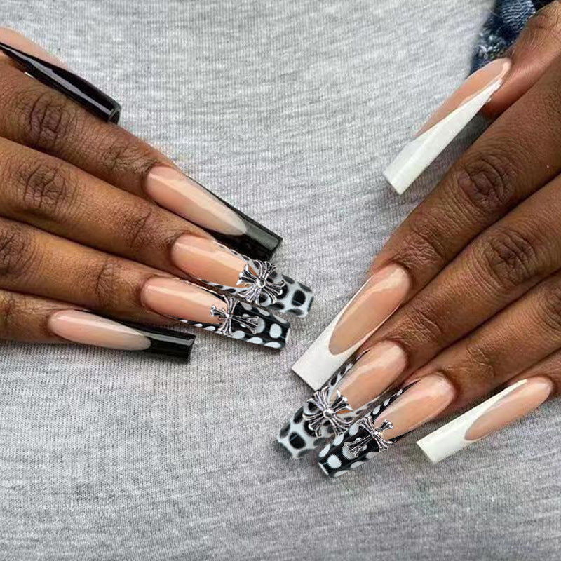 Monochrome Elegance Extra Long Coffin Black and White Press On Nails with Floral Accents
