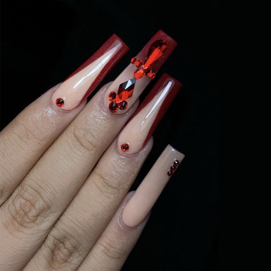 Glamorous Ruby Red Glitter Long Square Press On Nail Set with Rhinestone Accents