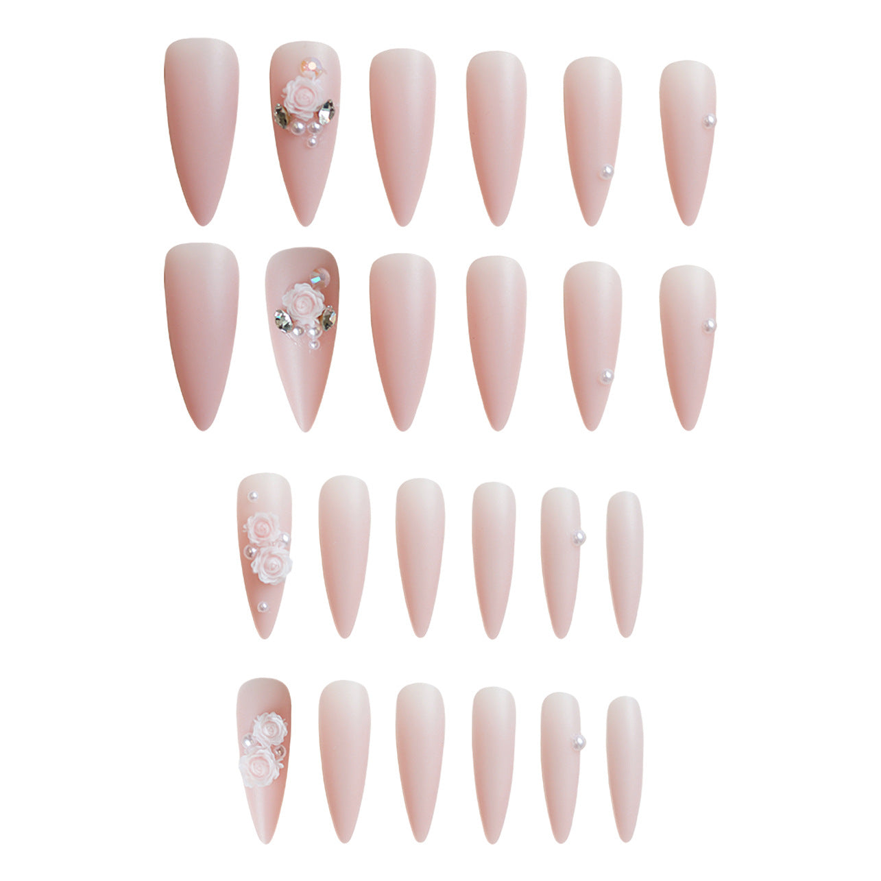 Blush Blossom Elegance Long Almond Matte Pink Press On Nails with Floral Accents