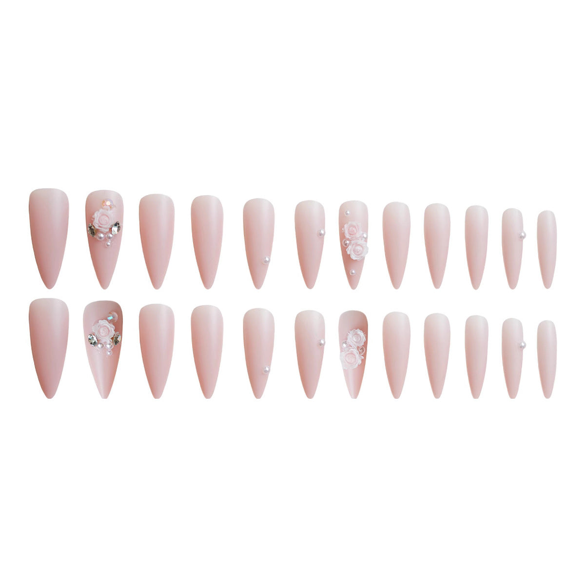 Floral Elegance Long Almond Pink Nail Set with Stunning Rose and Gem Accents