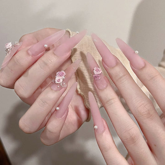 Dreamy Romance Long Almond Pink Press On Nail Set with Floral and Pearl Accents