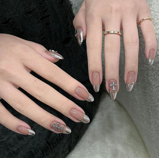 Glamorous Silver Almond Press On Nail Set Long Sharp Chrome Nails with Cross Design and Rhinestone Accents