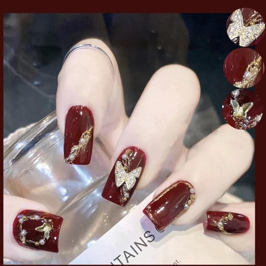 Celebrity Glamour Long Square Burgundy Press On Nails with Gold Flake Accents