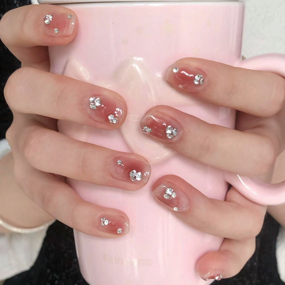 Sparkling Floral Elegance Short Oval Transparent Press On Nail Set with Rhinestone Accents