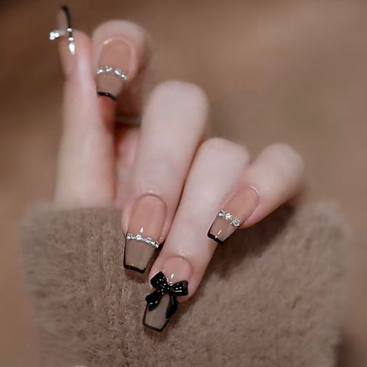 Elegant Evening Long Length Coffin Mocha Press On Nail Set with Sparkling Accents and Bow Detail