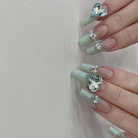 Glamorous Garden Long Coffin Mint Green Press On Nail Set with Heart and Gemstone Accents