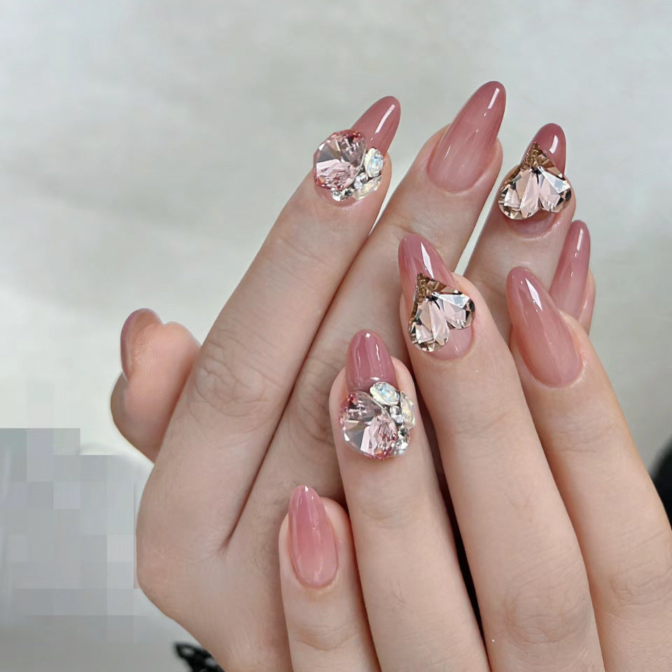 Rose Garden Glamour Long Almond Pink Press On Nail Set with Rhinestone Accents