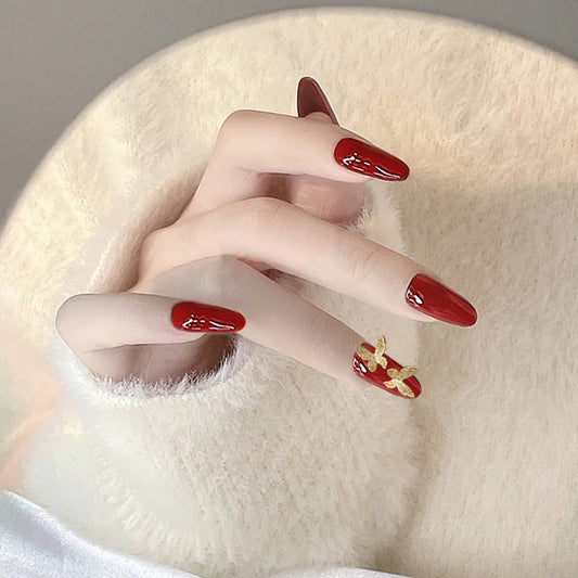 Elegant Red Carpet Ready Long Oval Burgundy Press On Nails with Chic Bow Accents