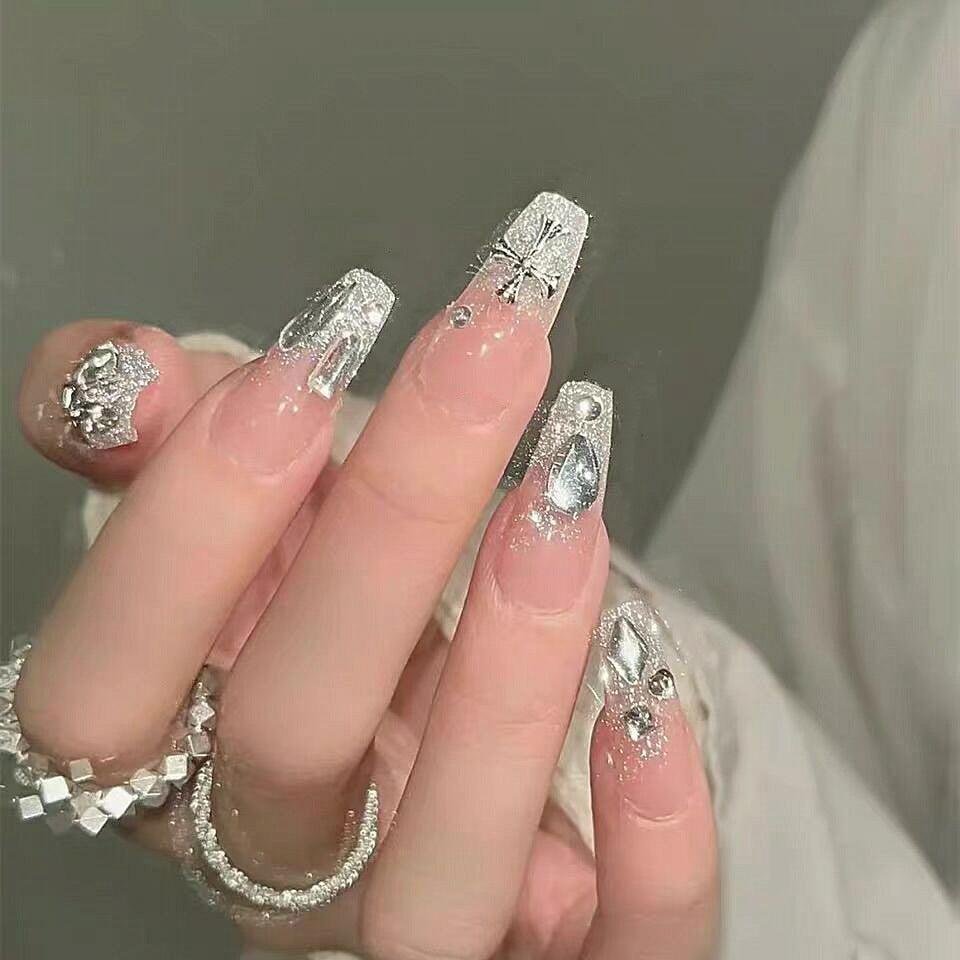 Elegant Silver Sparkle Long Coffin Shaped Press On Nail Set with Rhinestone Accents
