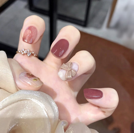 Elegant Autumn Bliss Medium Square Burgundy and Beige Press On Nail Set with 3D Bow Accent