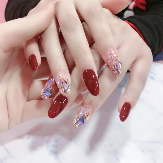 Elegant Soiree Medium Oval Burgundy Press On Nail Set with Glitter Accents