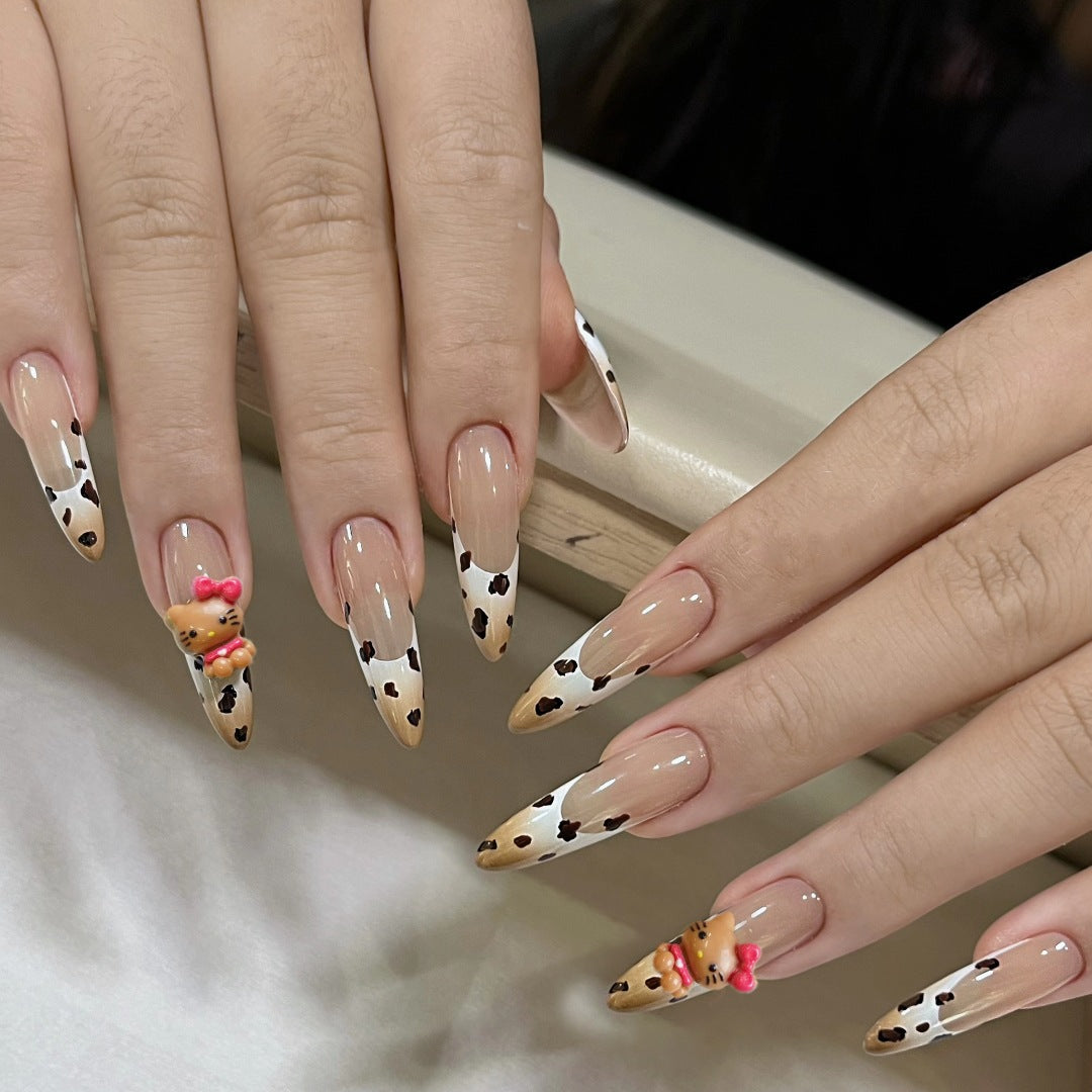 Charming Cowgirl Beige and Black French Tip Long Almond Shaped Press On Nail Set with Cute Kitty Charm