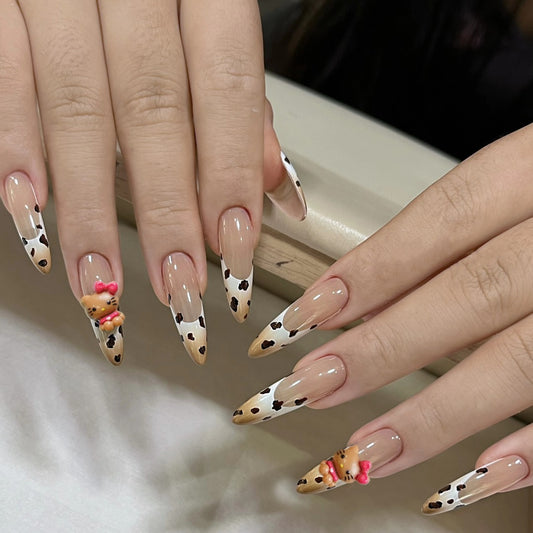 Charming Cowgirl Beige and Black French Tip Long Almond Shaped Press On Nail Set with Cute Kitty Charm
