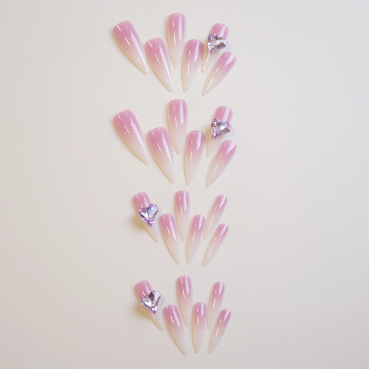 Whimsical Dreamy Pink Extra Long Almond Shape with Sparkling Gemstones Press On Nail Set